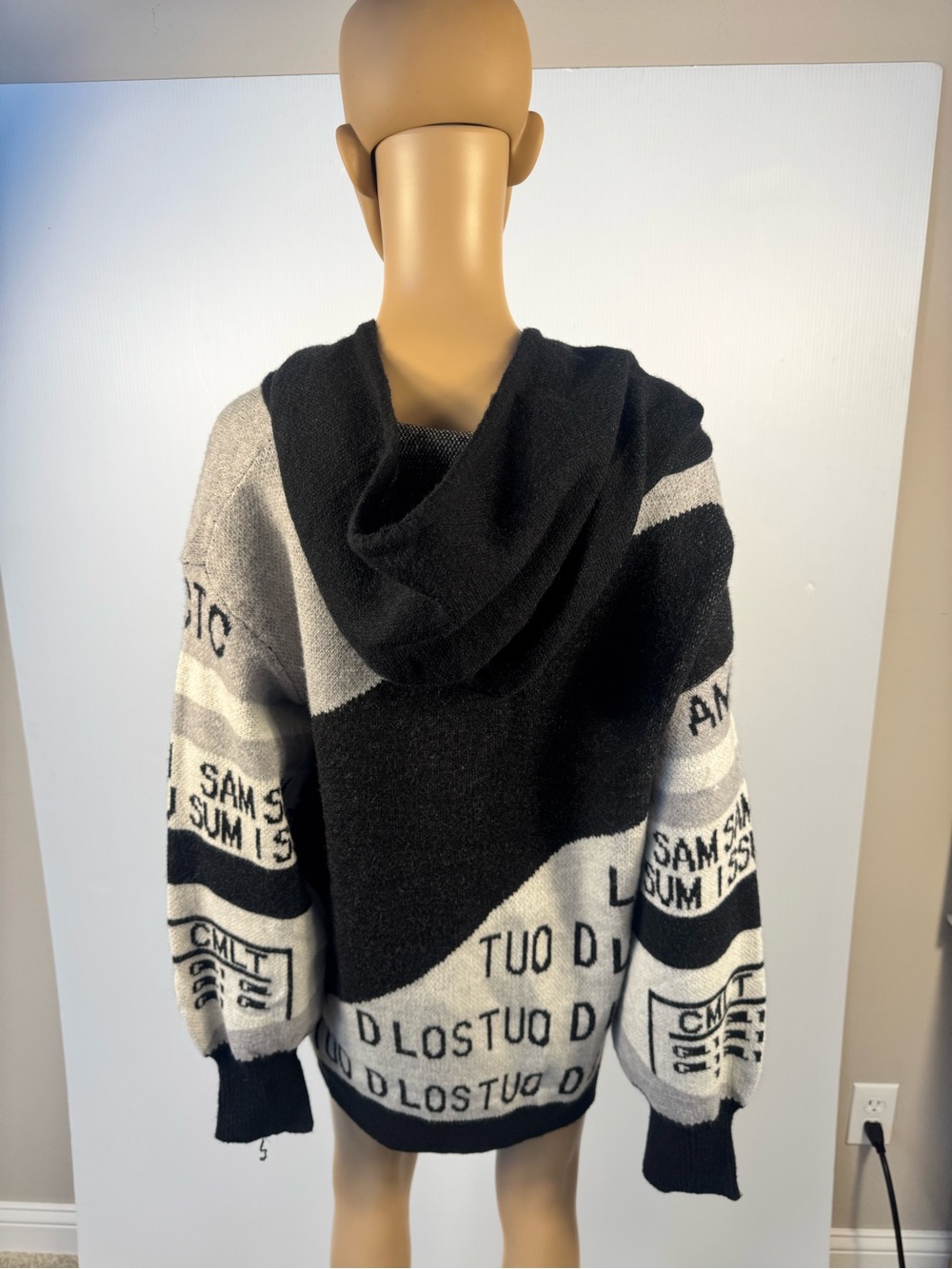 NWT Black Multi Oversized Graphic Hooded Sweater Dress | Soft Knit - Picture 6 of 8
